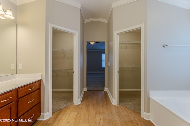 1300 Coopers Hawk Way, Middleburg, FL 32068 - bathroom with crown molding, vanity, wood finished floors, a tub to relax in, and a spacious closet