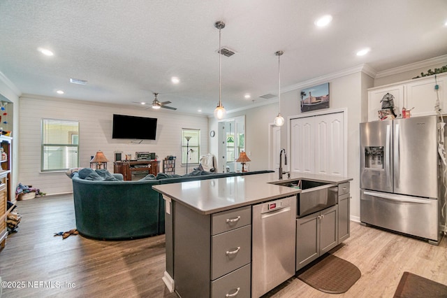 22 Sandstone Dr, Saint Augustine, FL 32086 - kitchen with stainless steel appliances, a ceiling fan, crown molding, light wood-style flooring, and healthy amount of natural light