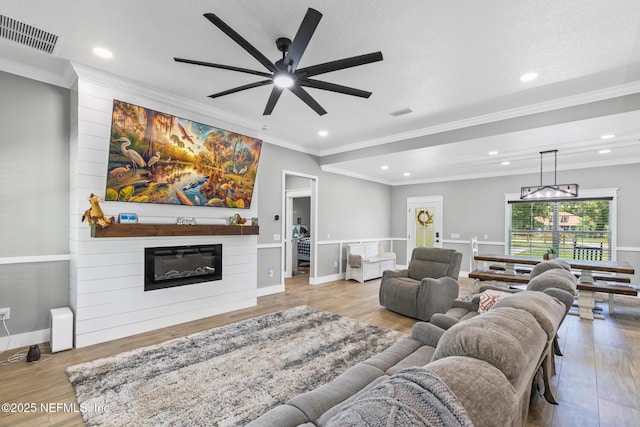 1926 Friendly Pl, Middleburg, FL 32068 - living room with wood finished floors, a ceiling fan, crown molding, recessed lighting, and a glass covered fireplace