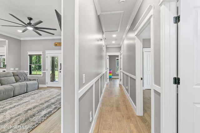 1926 Friendly Pl, Middleburg, FL 32068 - hallway with ornamental molding, light wood finished floors, recessed lighting, and attic access