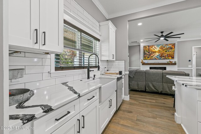 1926 Friendly Pl, Middleburg, FL 32068 - kitchen with crown molding, recessed lighting, ceiling fan, white cabinets, and backsplash