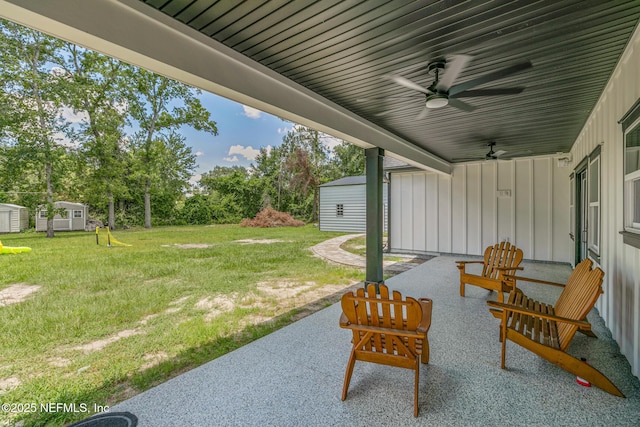 1926 Friendly Pl, Middleburg, FL 32068 - view of patio / terrace with a ceiling fan, a shed, and view of scattered trees
