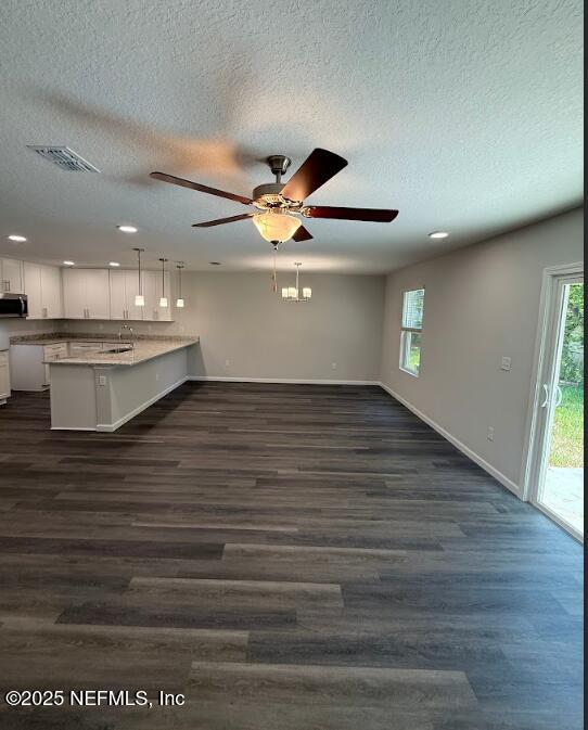 3138 Phyllis St, Jacksonville, FL 32205 - unfurnished living room featuring plenty of natural light, a textured ceiling, a ceiling fan, dark wood-style flooring, and recessed lighting