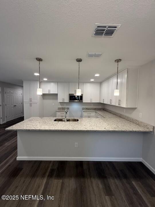 3138 Phyllis St, Jacksonville, FL 32205 - kitchen featuring stainless steel microwave, light stone counters, a peninsula, dark wood-style flooring, and recessed lighting