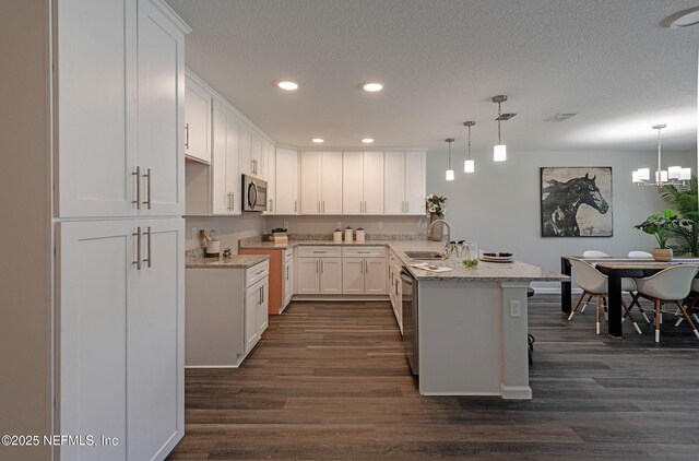 3138 Phyllis St, Jacksonville, FL 32205 - kitchen with stainless steel appliances, a peninsula, dark wood-style flooring, recessed lighting, and white cabinets