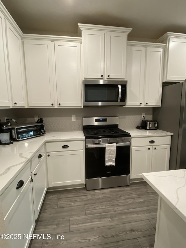 66 Tree Frog Way, Saint Augustine, FL 32095 - kitchen with stainless steel appliances, white cabinets, wood finished floors, and light stone countertops