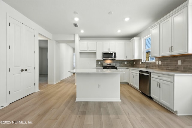 81 Glenhurst Ave, Ponte Vedra, FL 32081 - kitchen with appliances with stainless steel finishes, backsplash, light wood finished floors, white cabinets, and light countertops