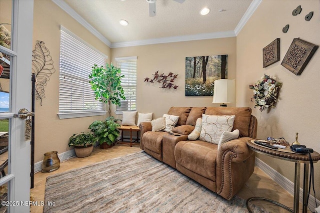11725 Surfbird Cir Unit 4C, Jacksonville, FL 32256 - tiled living area featuring a ceiling fan, crown molding, and recessed lighting