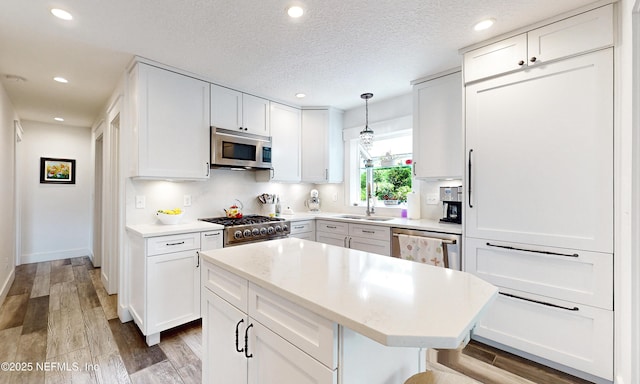 3793 Forest Dr, Middleburg, FL 32068 - kitchen with high quality appliances, white cabinetry, a kitchen island, light wood-style floors, and recessed lighting