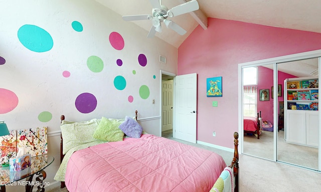 3793 Forest Dr, Middleburg, FL 32068 - bedroom featuring a closet, beamed ceiling, carpet, ceiling fan, and high vaulted ceiling