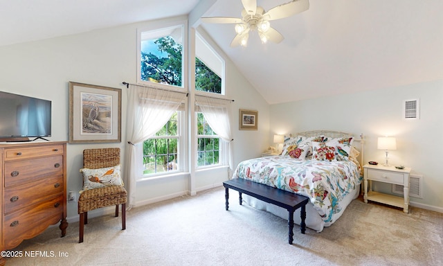 3793 Forest Dr, Middleburg, FL 32068 - bedroom featuring light carpet, high vaulted ceiling, beamed ceiling, and ceiling fan