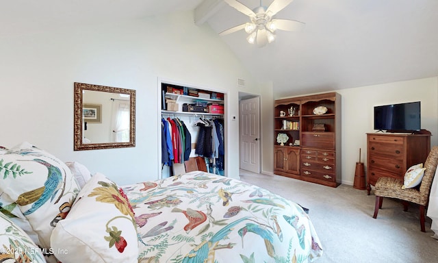 3793 Forest Dr, Middleburg, FL 32068 - carpeted bedroom with beam ceiling, a closet, a ceiling fan, and high vaulted ceiling