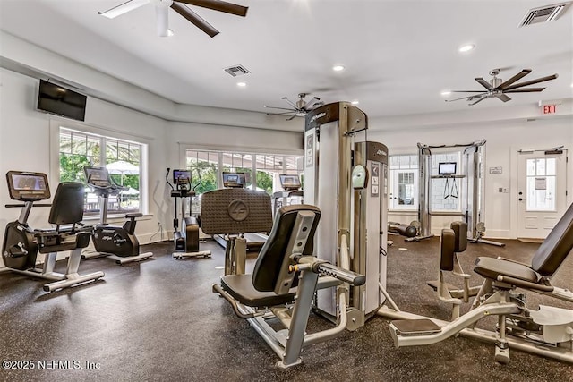 85212 Champlain Dr, Fernandina Beach, FL 32034 - gym with ceiling fan and recessed lighting