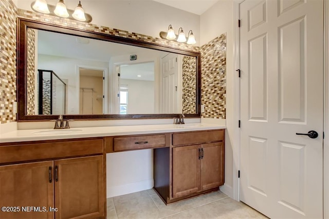 85212 Champlain Dr, Fernandina Beach, FL 32034 - bathroom featuring double vanity, tile patterned floors, and a stall shower
