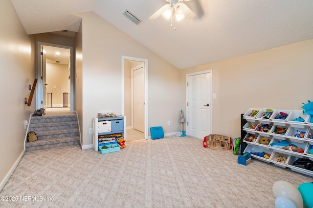 2025 Castle Point Ct, Fleming Island, FL 32003 - game room featuring carpet floors, vaulted ceiling, and a ceiling fan