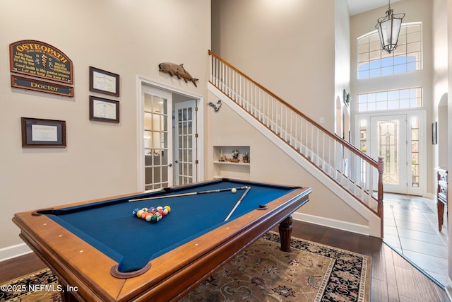 2025 Castle Point Ct, Fleming Island, FL 32003 - playroom with a high ceiling, pool table, dark wood-type flooring, and french doors