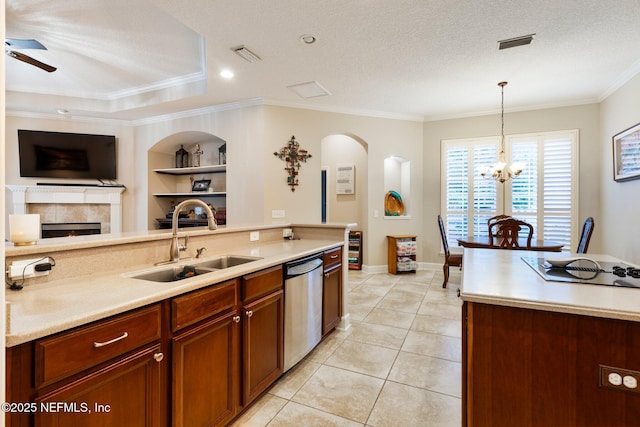2025 Castle Point Ct, Fleming Island, FL 32003 - kitchen with stainless steel dishwasher, ornamental molding, light countertops, ceiling fan, and open floor plan