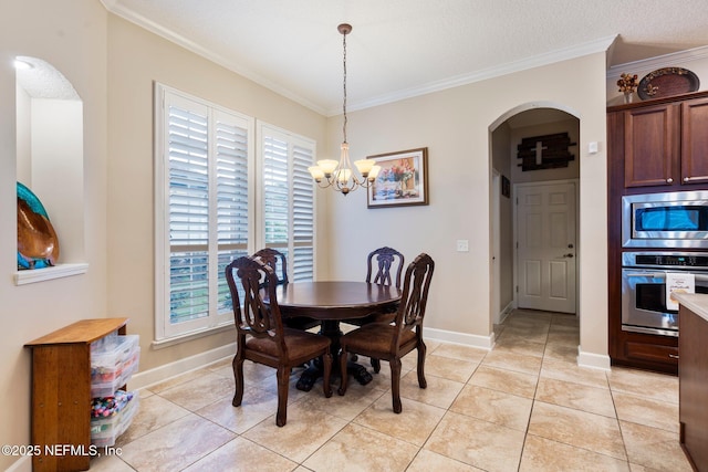 2025 Castle Point Ct, Fleming Island, FL 32003 - dining room with arched walkways, ornamental molding, a chandelier, and light tile patterned floors