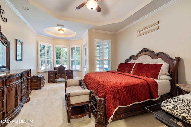 2025 Castle Point Ct, Fleming Island, FL 32003 - bedroom featuring light colored carpet, a raised ceiling, crown molding, and ceiling fan