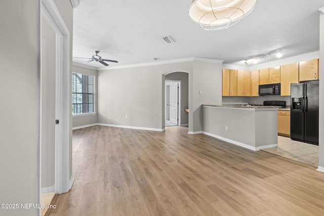 12700 Bartram Park Blvd Unit 1923, Jacksonville, FL 32258 - kitchen featuring black appliances, arched walkways, a ceiling fan, open floor plan, and crown molding