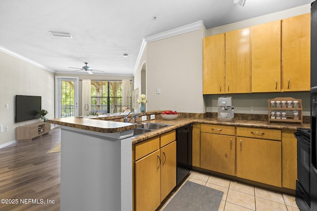 12700 Bartram Park Blvd Unit 1923, Jacksonville, FL 32258 - kitchen featuring crown molding, a peninsula, black appliances, ceiling fan, and open floor plan