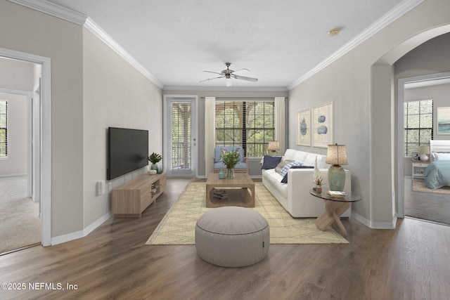 12700 Bartram Park Blvd Unit 1923, Jacksonville, FL 32258 - living room featuring arched walkways, ornamental molding, wood finished floors, and ceiling fan