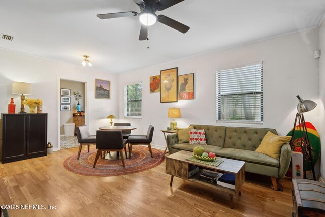 3207 Plum St, Jacksonville, FL 32205 - living room featuring light wood-style flooring, crown molding, and a ceiling fan