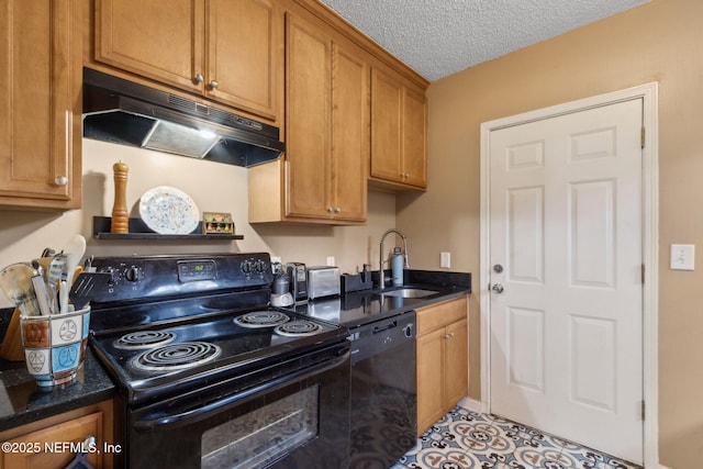 3207 Plum St, Jacksonville, FL 32205 - kitchen featuring black appliances, under cabinet range hood, dark stone counters, brown cabinets, and a textured ceiling