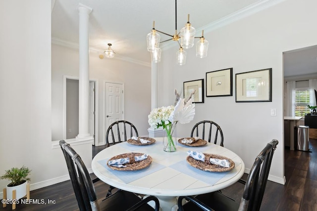 44677 Green Meadows Ln, Callahan, FL 32011 - dining space with decorative columns, dark wood finished floors, and ornamental molding