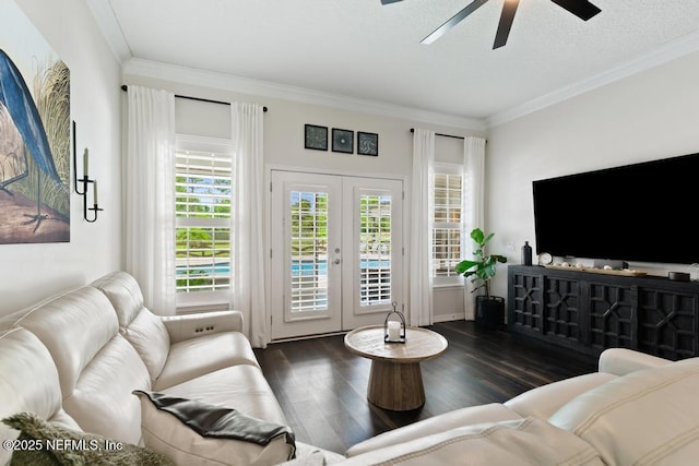44677 Green Meadows Ln, Callahan, FL 32011 - living area with a ceiling fan, wood finished floors, french doors, and crown molding