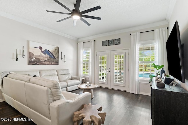 44677 Green Meadows Ln, Callahan, FL 32011 - living area featuring french doors, ceiling fan, dark wood-style floors, crown molding, and a textured ceiling