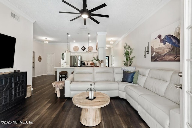 44677 Green Meadows Ln, Callahan, FL 32011 - living area with a ceiling fan, ornamental molding, dark wood-type flooring, and a textured ceiling