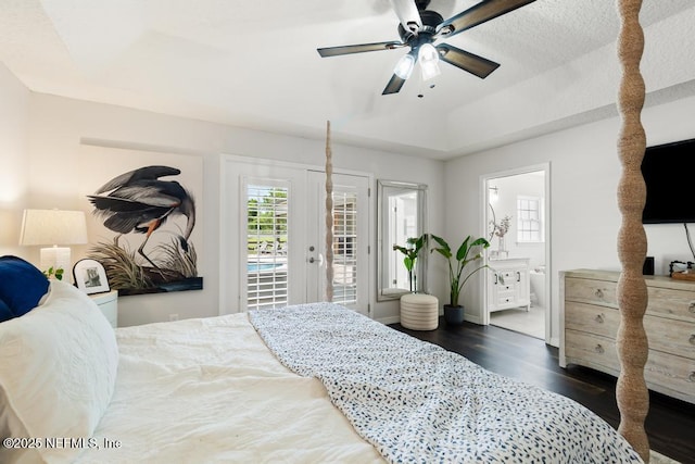 44677 Green Meadows Ln, Callahan, FL 32011 - bedroom featuring access to exterior, dark wood finished floors, ensuite bath, french doors, and a ceiling fan