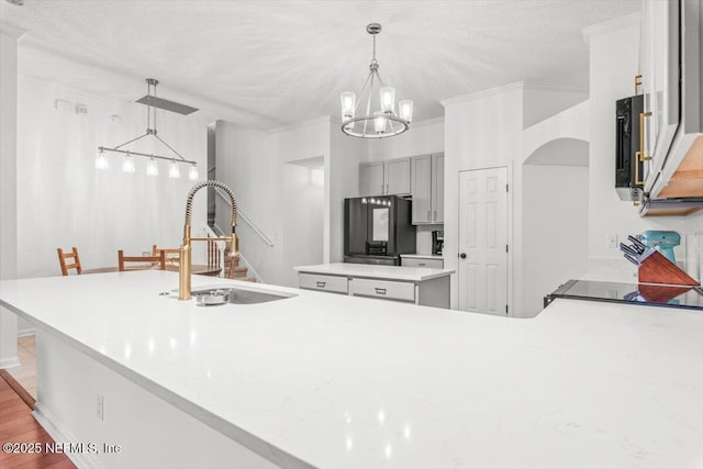 2484 Royal Pointe Dr, Green Cove Springs, FL 32043 - kitchen featuring black fridge, a center island, gray cabinets, a chandelier, and arched walkways