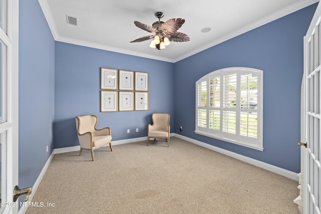 2269 Cascadia Ct, Saint Augustine, FL 32092 - living area with carpet floors, ornamental molding, and ceiling fan