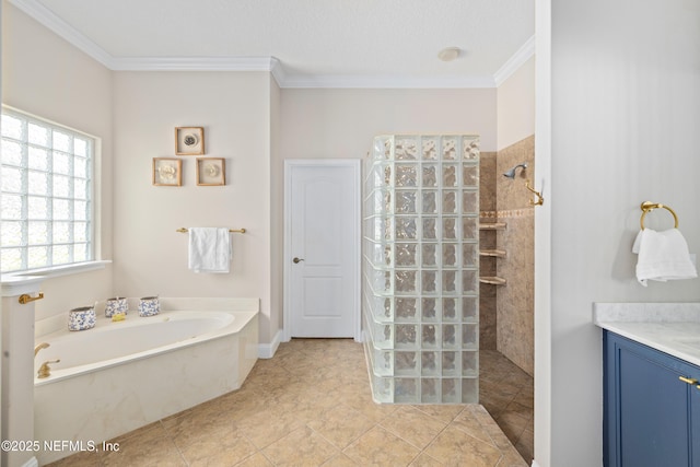 2269 Cascadia Ct, Saint Augustine, FL 32092 - full bathroom with a walk in shower, a garden tub, crown molding, and vanity