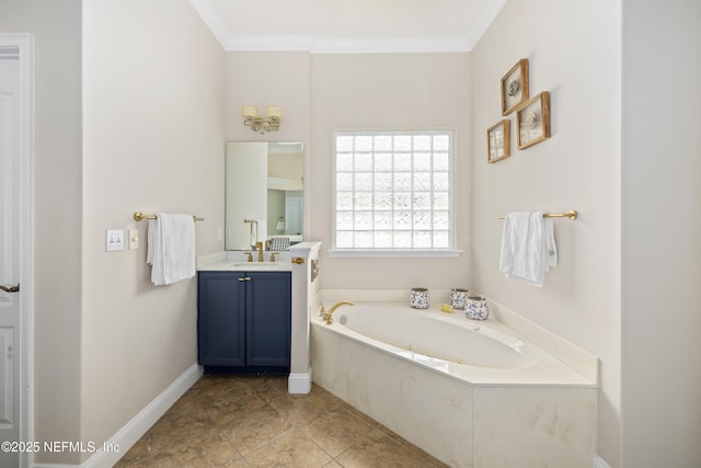2269 Cascadia Ct, Saint Augustine, FL 32092 - full bath featuring vanity, a garden tub, ornamental molding, and tile patterned floors