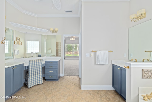 2269 Cascadia Ct, Saint Augustine, FL 32092 - bathroom featuring a ceiling fan, vanity, ornamental molding, tile patterned floors, and a towering ceiling