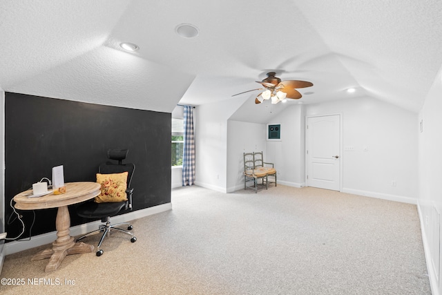 2269 Cascadia Ct, Saint Augustine, FL 32092 - office with vaulted ceiling, ceiling fan, recessed lighting, carpet floors, and a textured ceiling