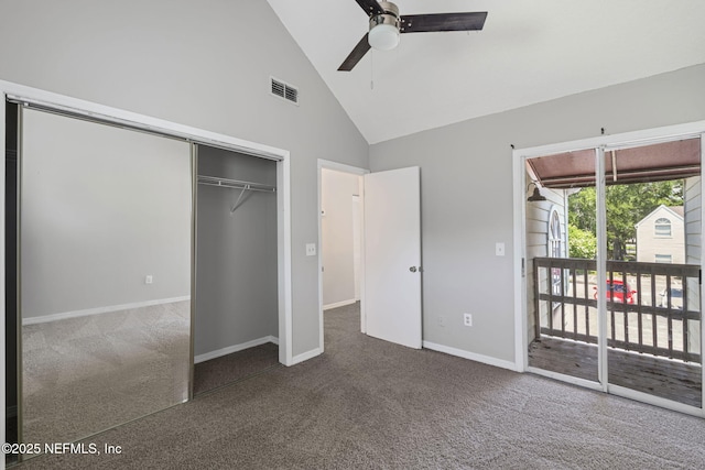 2300 Twelve Oaks Dr Unit K-14, Orange Park, FL 32065 - unfurnished bedroom with carpet, access to outside, a closet, high vaulted ceiling, and ceiling fan
