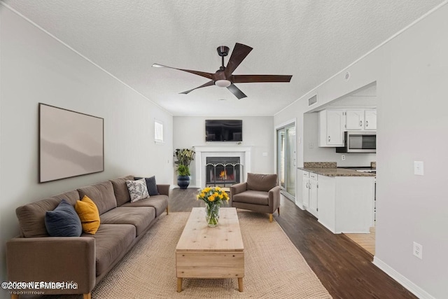 2300 Twelve Oaks Dr Unit K-14, Orange Park, FL 32065 - living room featuring dark wood-style floors, ceiling fan, a warm lit fireplace, plenty of natural light, and a textured ceiling