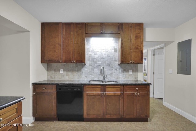239 Glynlea Rd, Jacksonville, FL 32216 - kitchen featuring black dishwasher, electric panel, decorative backsplash, light tile patterned floors, and dark stone counters