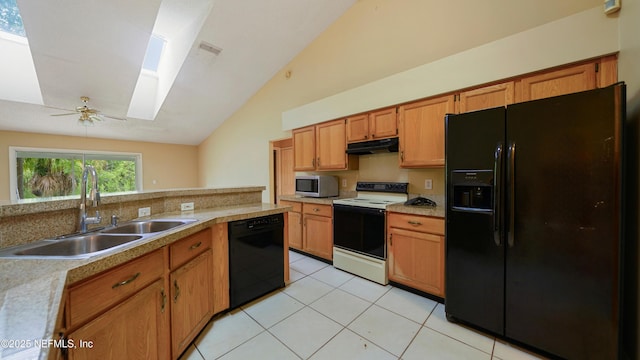2109 Hovington Cir W, Jacksonville, FL 32246 - kitchen with black appliances, a skylight, under cabinet range hood, light countertops, and light tile patterned floors