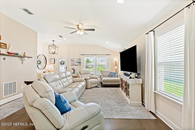 75078 Glenspring Way, Yulee, FL 32097 - living area featuring a ceiling fan, dark wood-style floors, vaulted ceiling, and recessed lighting