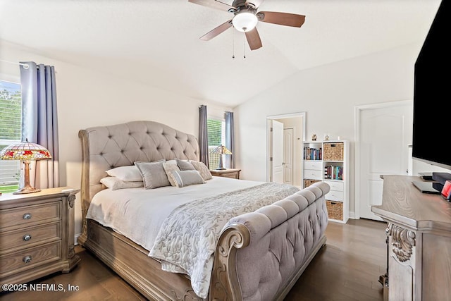 75078 Glenspring Way, Yulee, FL 32097 - bedroom with multiple windows, vaulted ceiling, dark wood-type flooring, and a ceiling fan