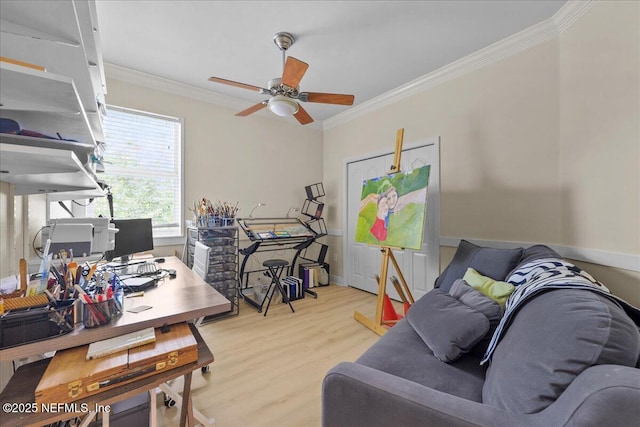 25 Riverview Bnd N Unit 122, Palm Coast, FL 32137 - office area with crown molding, light wood-style floors, and ceiling fan
