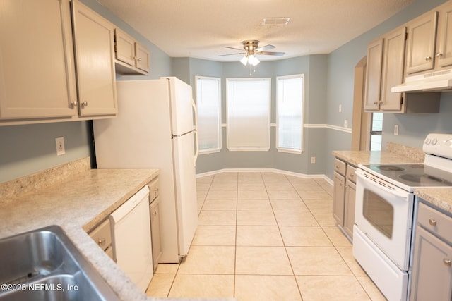 3013 Wavering Ln, Middleburg, FL 32068 - kitchen featuring white appliances, under cabinet range hood, a ceiling fan, light countertops, and light tile patterned flooring