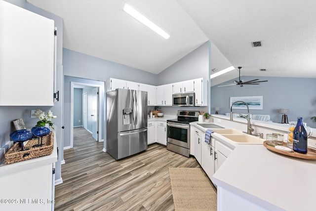 13254 Karla Cove Ln, Jacksonville, FL 32225 - kitchen featuring stainless steel appliances, lofted ceiling, a ceiling fan, light wood-style floors, and white cabinets