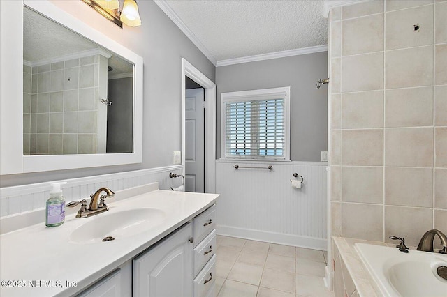 2481 S Ponte Vedra Blvd, Ponte Vedra Beach, FL 32082 - bathroom featuring a textured ceiling, a relaxing tiled tub, vanity, tile patterned flooring, and crown molding