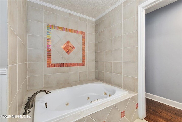 2481 S Ponte Vedra Blvd, Ponte Vedra Beach, FL 32082 - full bathroom with a tub with jets, ornamental molding, a textured ceiling, and wood finished floors